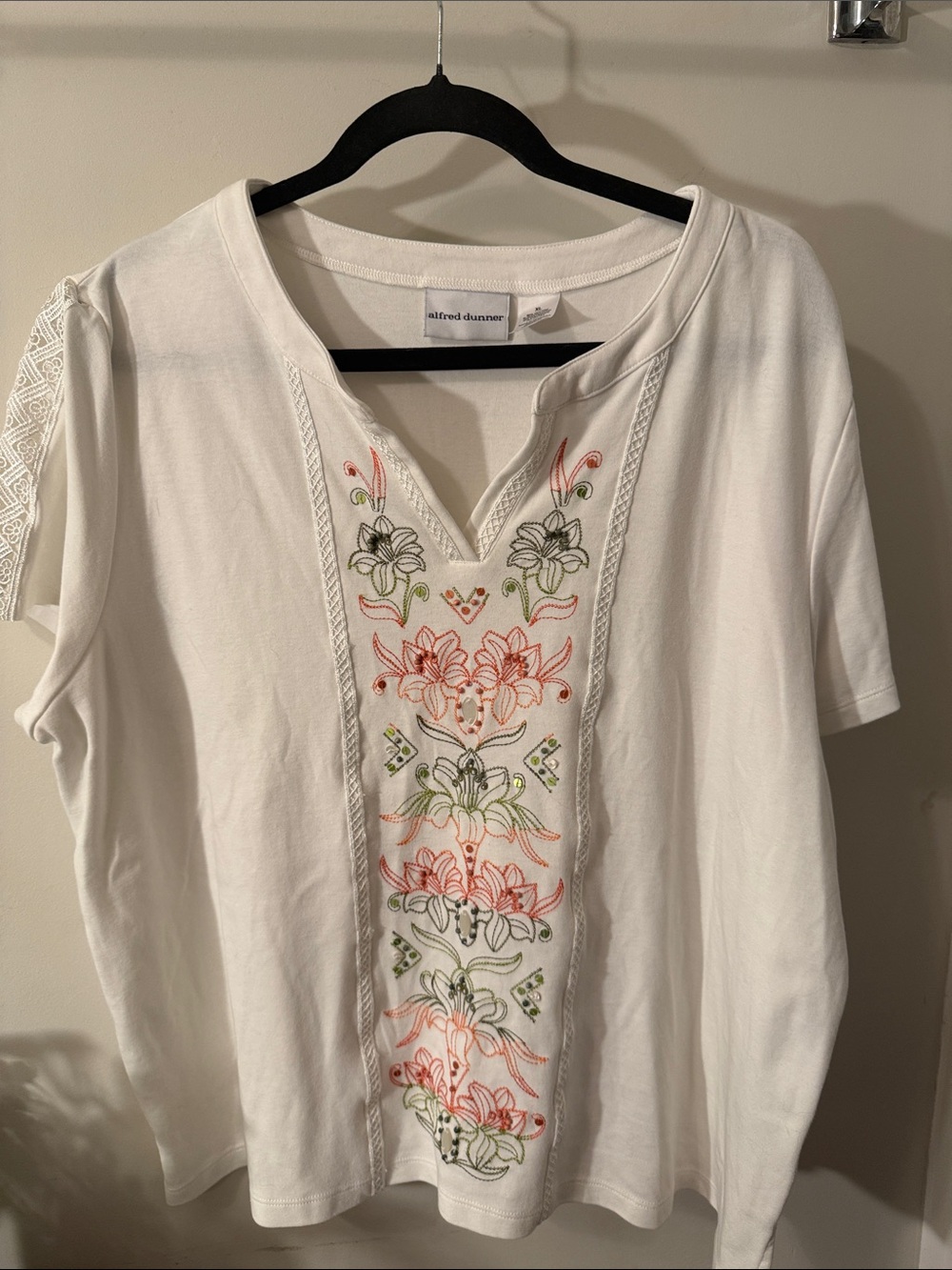 Alfred Dunner White Embroidered V-Neck Top with Coral and Green Floral Detail